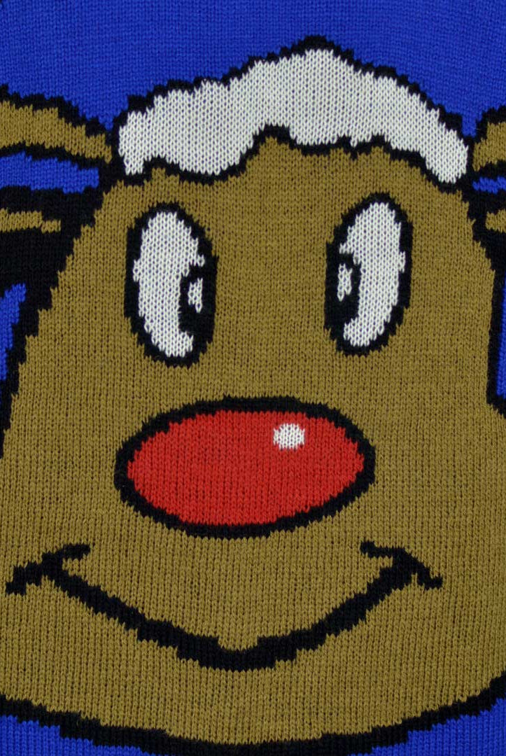 Blue Ugly Christmas Sweater Smiling Reindeer