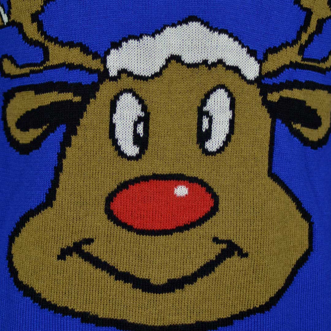 Blue Ugly Christmas Sweater Smiling Reindeer