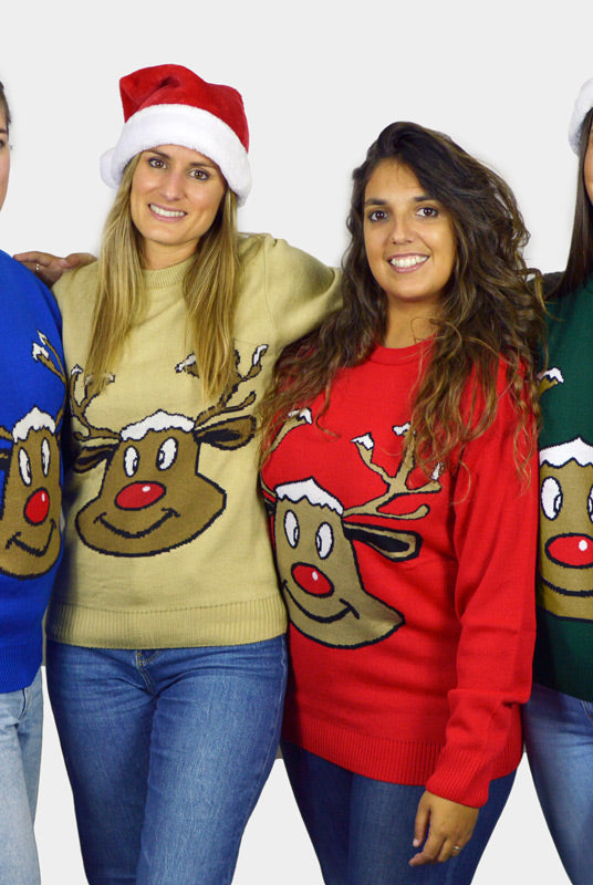 Ugly Christmas Sweater with Smiling Reindeer Womens