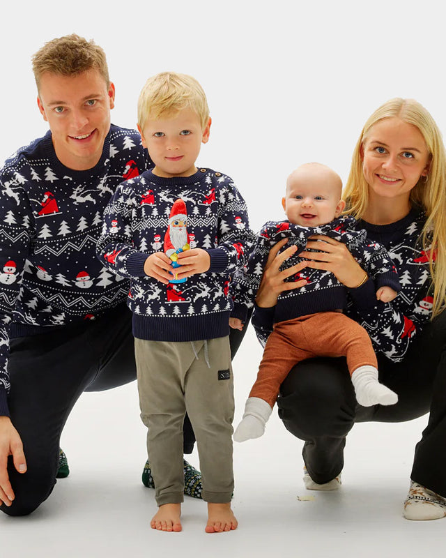 Family Ugly Christmas Sweater with Trees, Snowmens and Santa