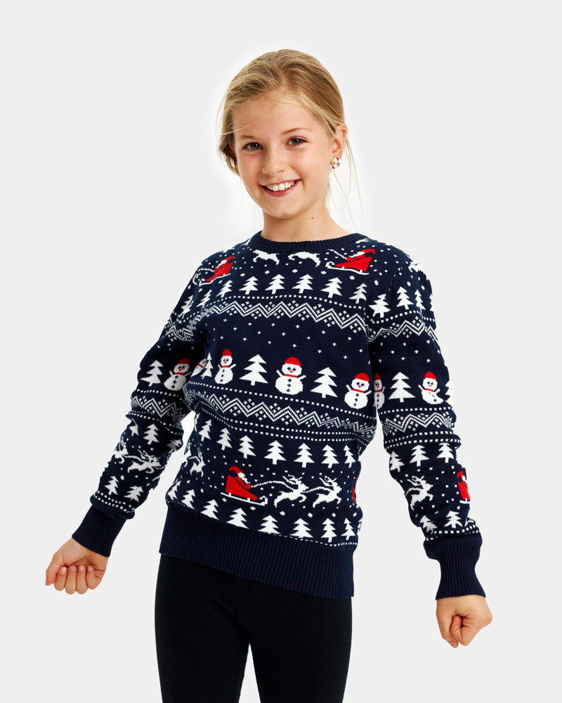 Family Girls Ugly Christmas Sweater with Trees, Snowmens and Santa