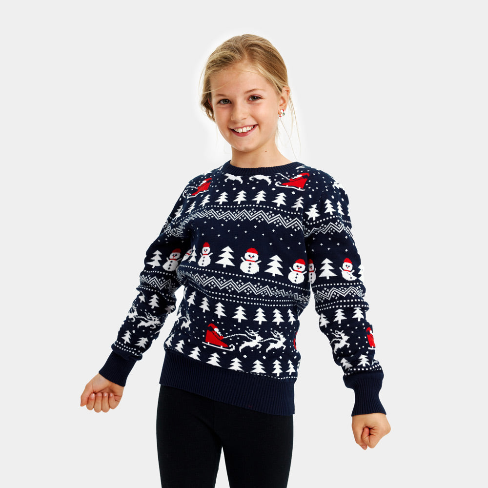 Family Girls Ugly Christmas Sweater with Trees, Snowmens and Santa