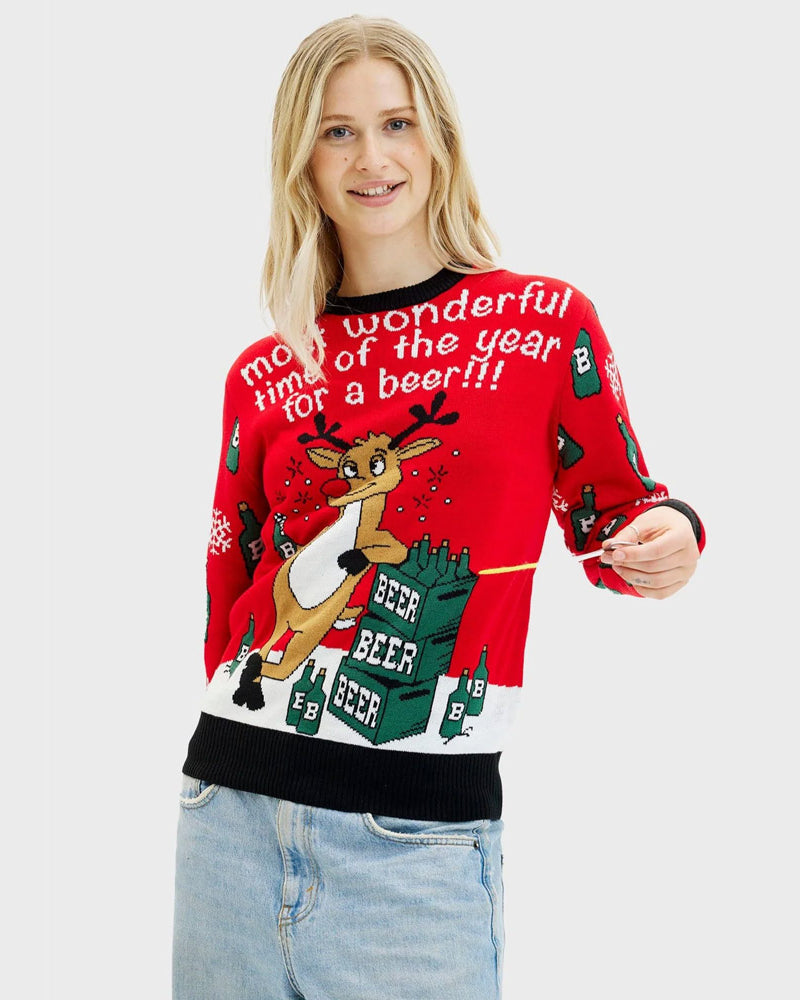 Womens Ugly Christmas Sweater with Reindeer + Beer Opener