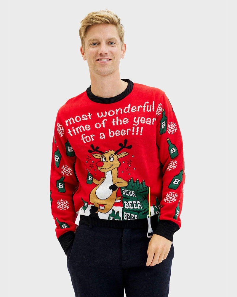 Mens Ugly Christmas Sweater with Reindeer + Beer Opener