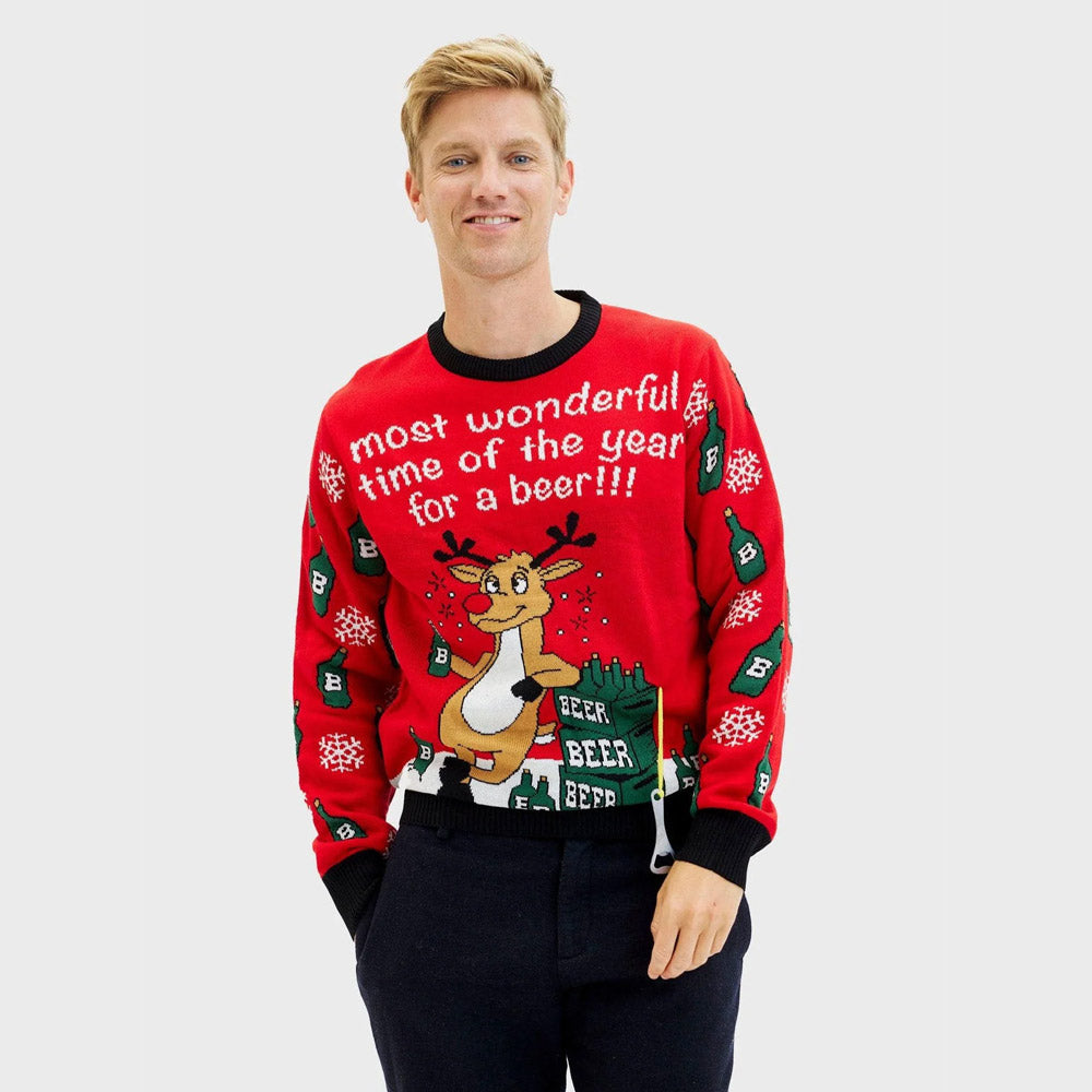 Mens Ugly Christmas Sweater with Reindeer + Beer Opener