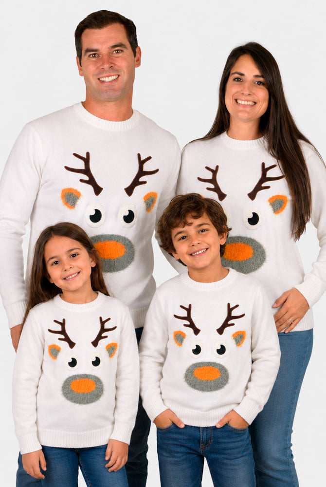 Childrens White 3D Ugly Christmas Sweater with Hairy Reindeer Family