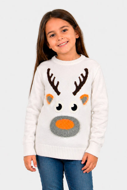 Childrens White 3D Ugly Christmas Sweater with Hairy Reindeer Girl