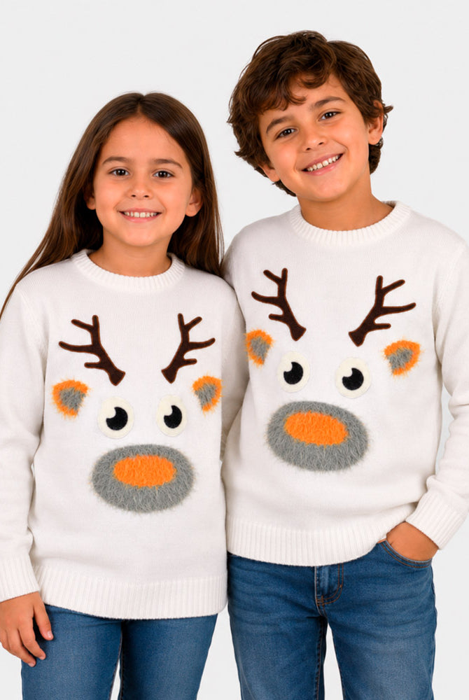 Childrens White 3D Ugly Christmas Sweater with Hairy Reindeer