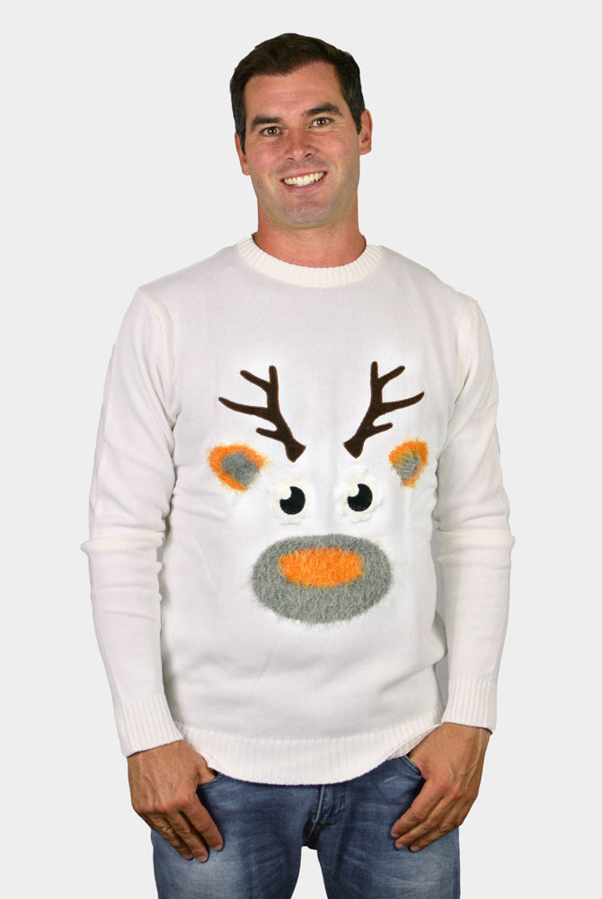 White 3D Couple's Ugly Christmas Sweater with Hairy Reindeer Mens