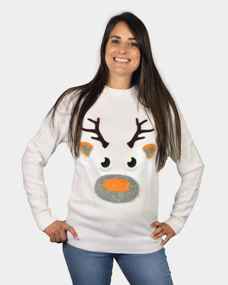 Womens White 3D Couple's Ugly Christmas Sweater with Hairy Reindeer