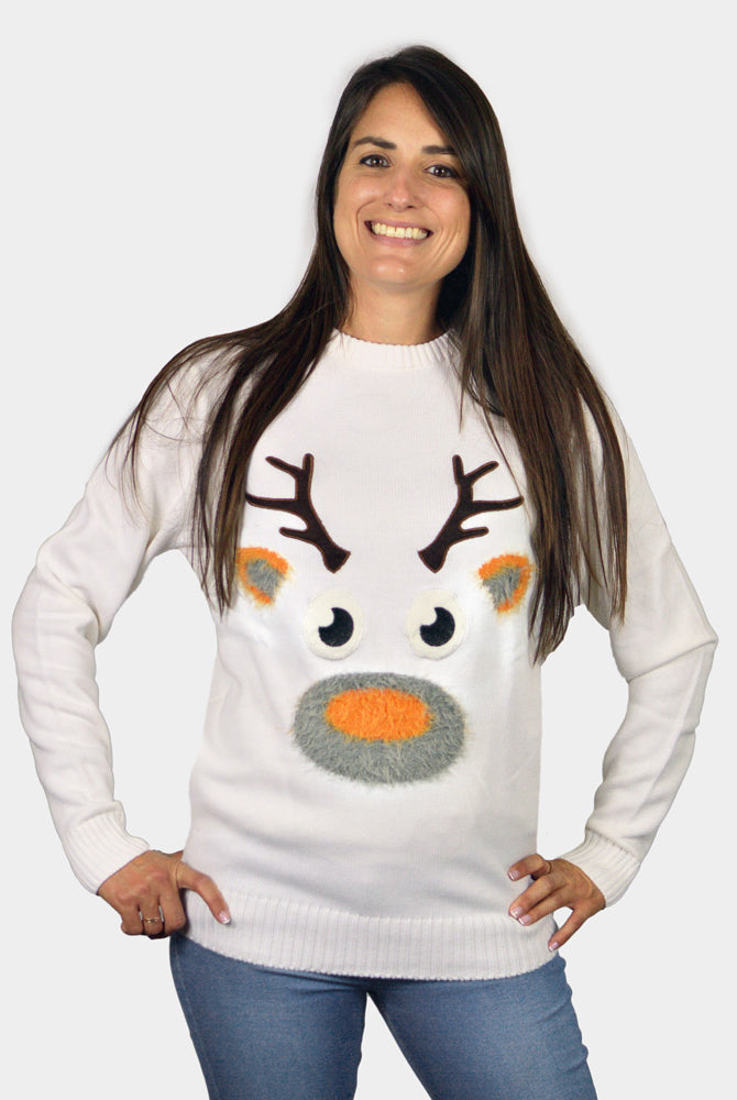 Womens White 3D Couple's Ugly Christmas Sweater with Hairy Reindeer
