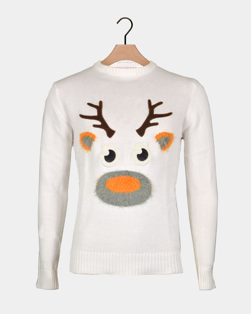 White 3D Couple's Ugly Christmas Sweater with Hairy Reindeer