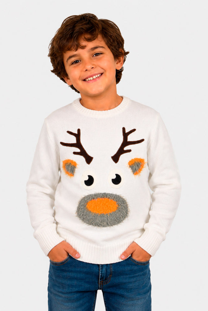 Matching Family White 3D Cotton Ugly Christmas Sweater with Hairy Reindeer Boy