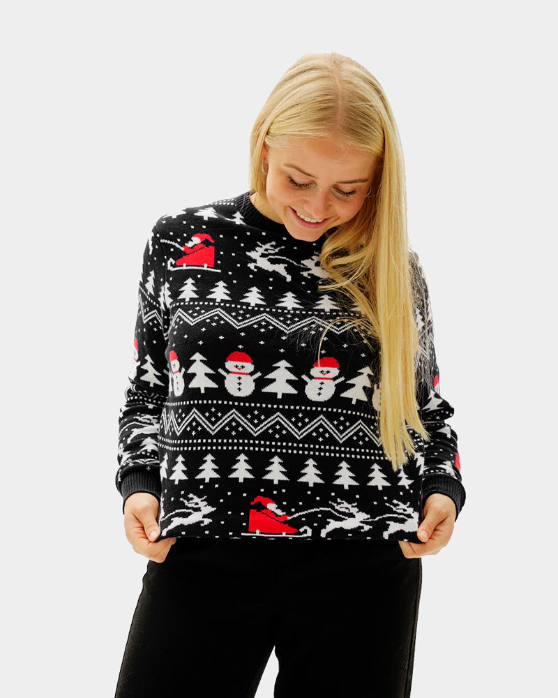Womens Black Ugly Christmas Sweater with Trees, Snowmen and Santa