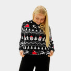 Womens Black Ugly Christmas Sweater with Trees, Snowmen and Santa