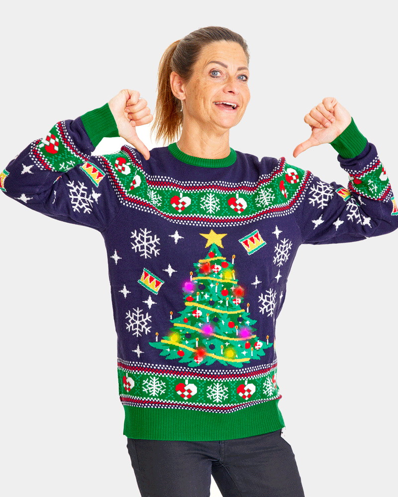 womens Blue LED light-up Couple's Ugly Christmas Sweater with Christmas Tree