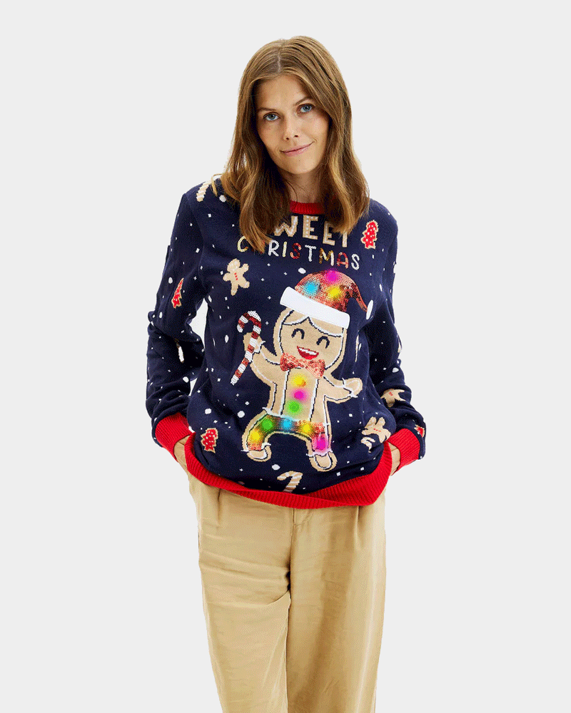 Blue LED light-up Women's Ugly Christmas Sweater Ginger Cookie