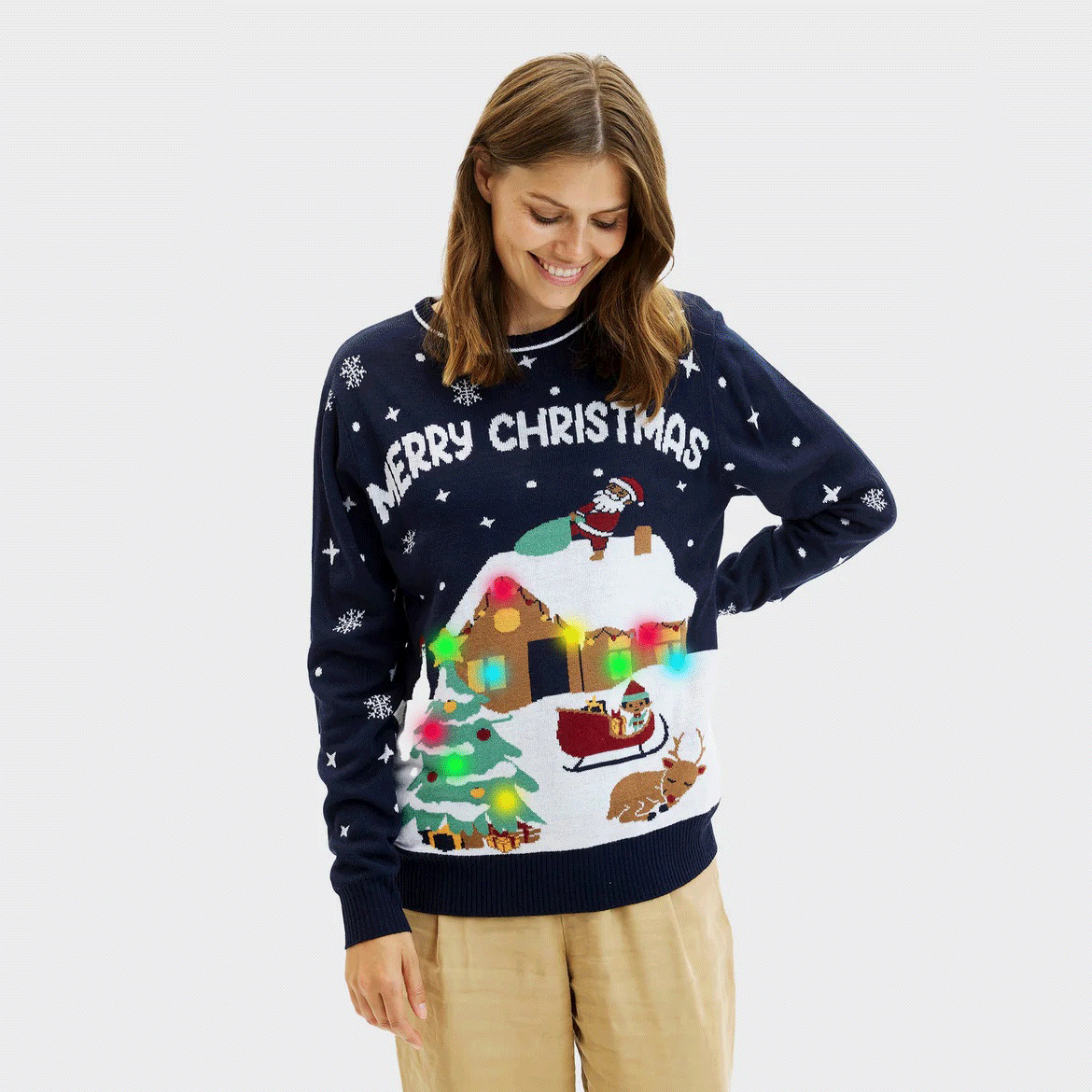 Womens LED light-up Blue Ugly Christmas Sweater Merry Christmas