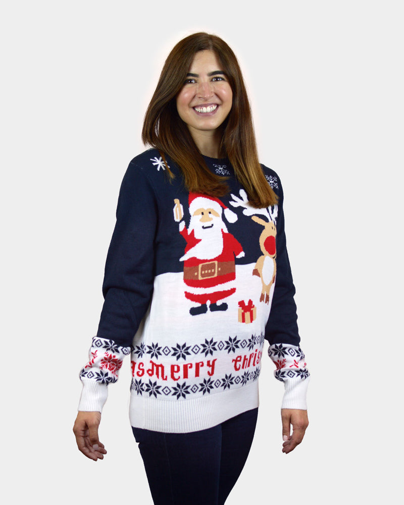 womens Blue Organic Cotton Couple's Ugly Christmas Sweater with Santa and Rudolph