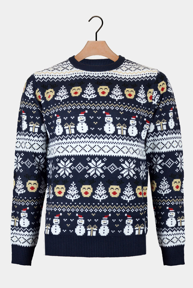 Blue Womens Ugly Christmas Sweater with Snowmen and Trees