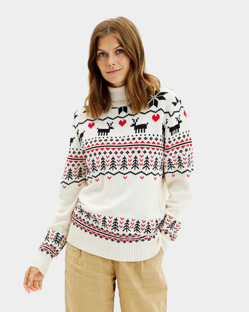 Womens Classy Turtleneck Beige Organic Cotton Couple's Ugly Christmas Sweater