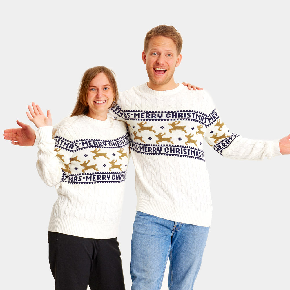 Classy White Organic Cotton Men's Ugly Christmas Sweater with Reindeers womens