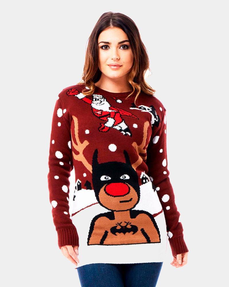 womens Couple's Ugly Christmas Sweater with Batman Rudolph and Superman Santa
