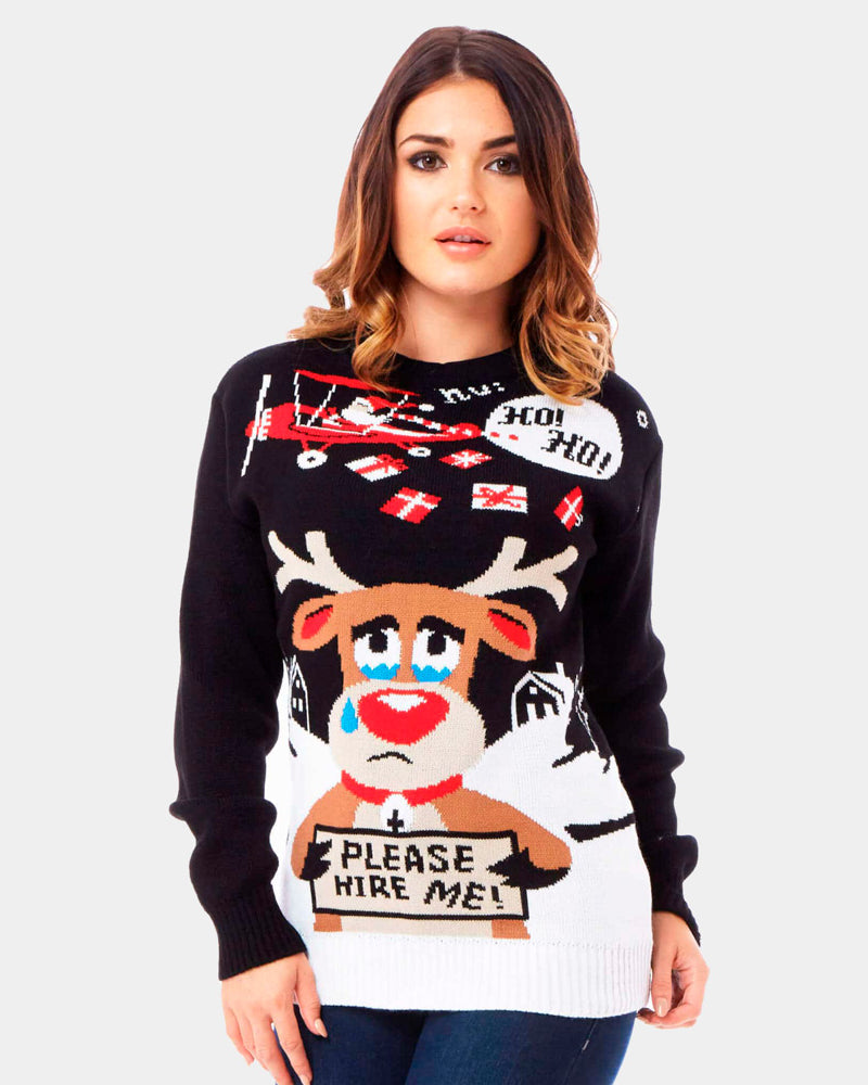 womens Couple's Ugly Christmas Sweater with Reindeer looking for a Job