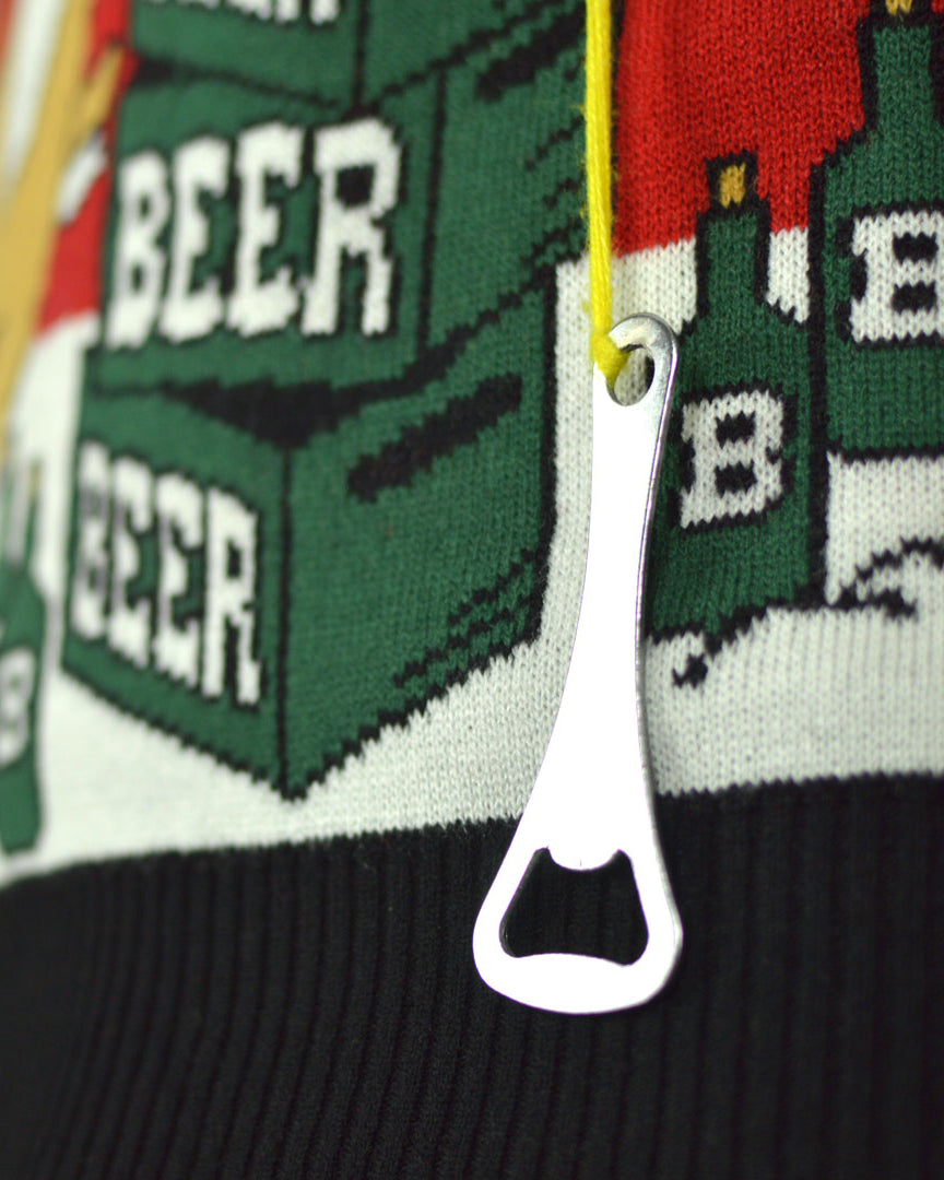 Women's Ugly Christmas Sweater with Reindeer + Beer Opener Detail