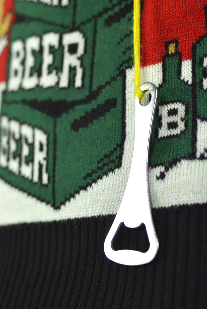 Women's Ugly Christmas Sweater with Reindeer + Beer Opener Detail