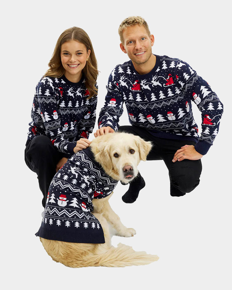 Womens Dog Ugly Christmas Sweater with Trees, Snowmen and Santa