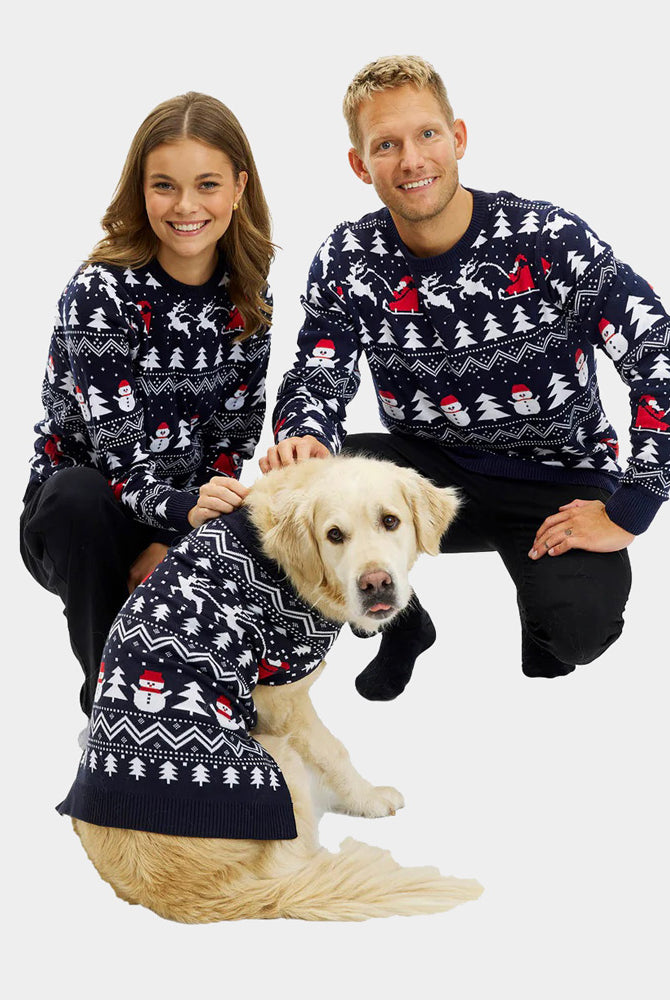 Womens Dog Ugly Christmas Sweater with Trees, Snowmen and Santa