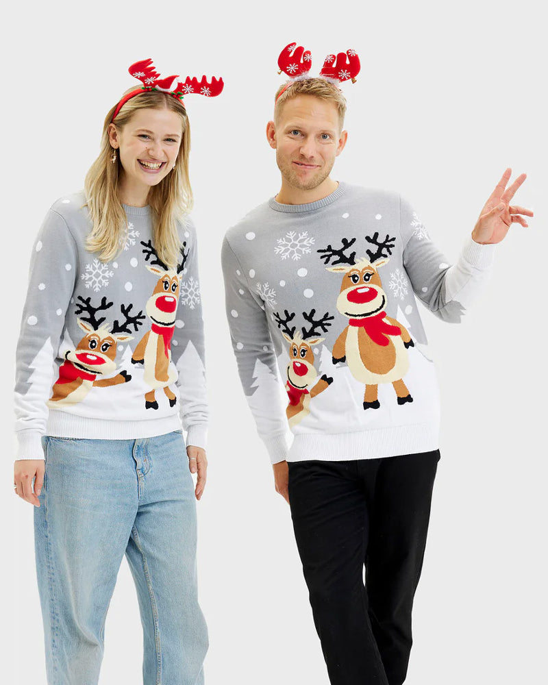 Grey Organic Cotton Womens Cute Reindeers Mens Ugly Christmas Sweater