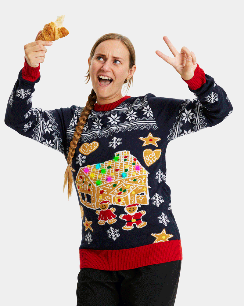 LED light-up Couple's Ugly Christmas Sweater with Gingerbread House womens