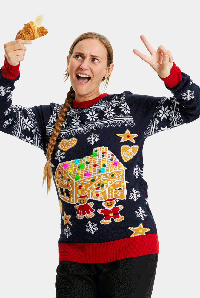 LED light-up Couple's Ugly Christmas Sweater with Gingerbread House womens