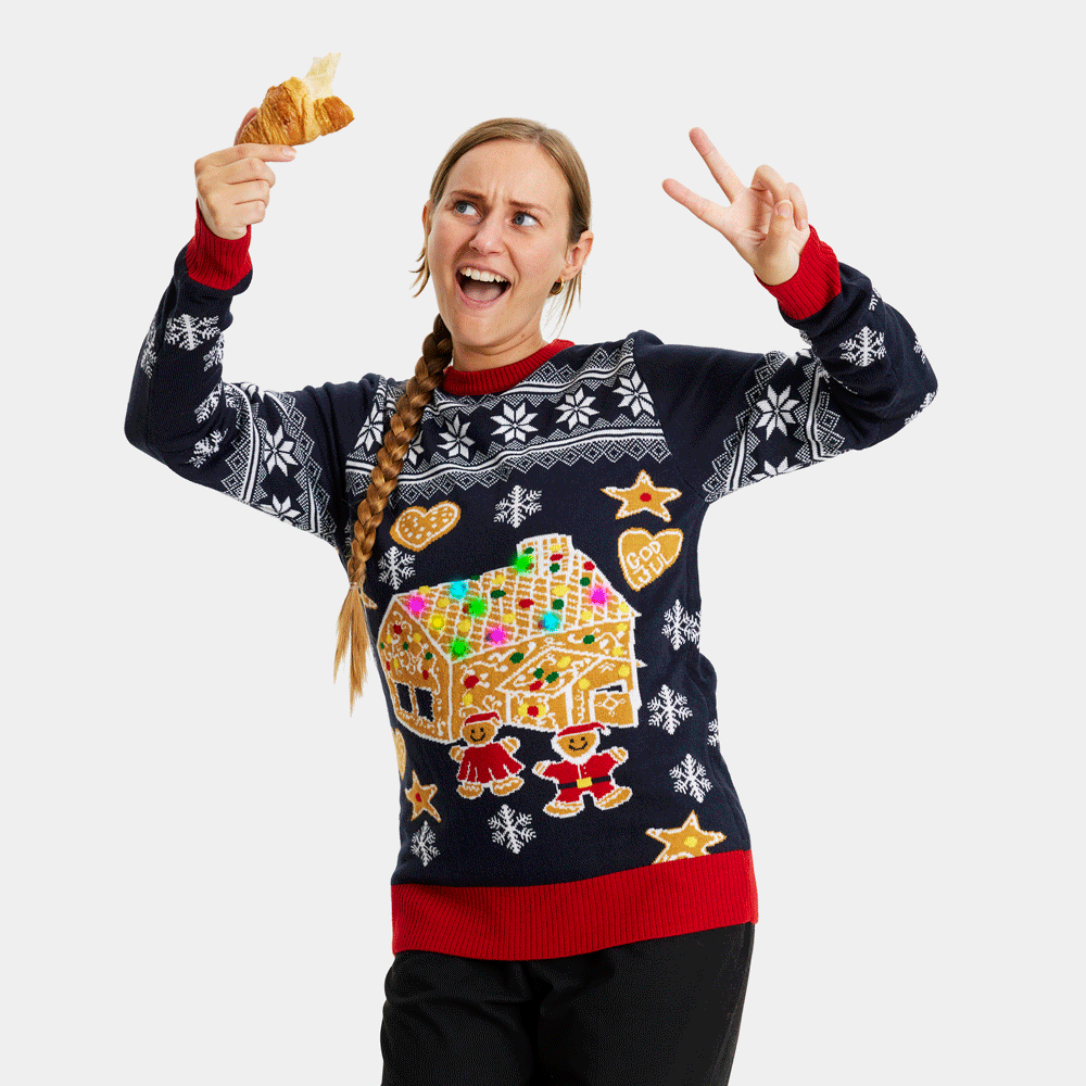 LED light-up Couple's Ugly Christmas Sweater with Gingerbread House womens