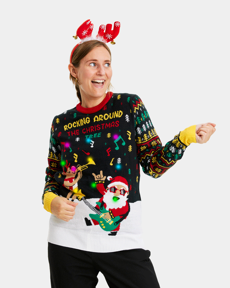 LED light-up Couple's Ugly Christmas Sweater Santa Rocker womens