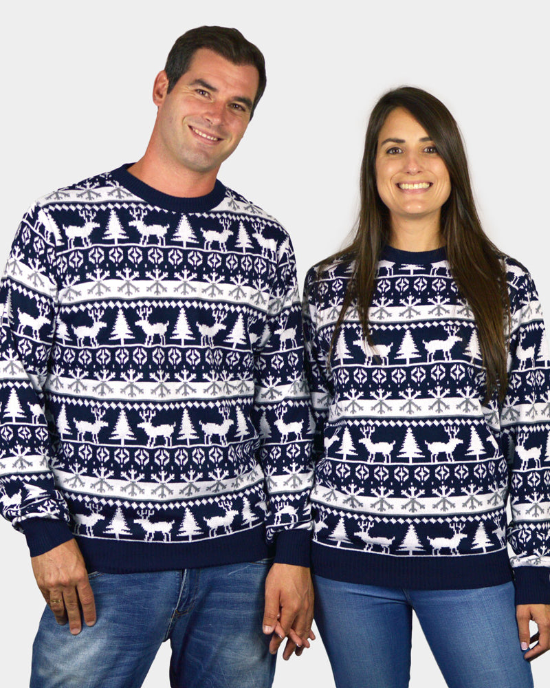 Children Mens Womens Ugly Christmas Sweater with Reindeers and Trees Strips
