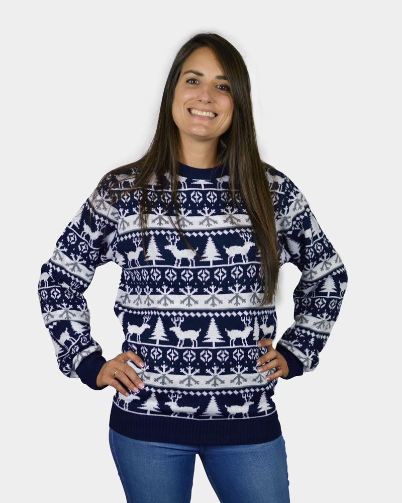 Mens Womens Ugly Christmas Sweater with Reindeers and Trees Strips