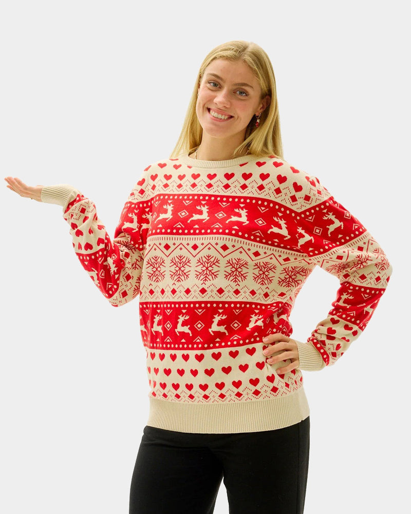 Red & Beige Organic Cotton Couple's Ugly Christmas Sweater with Hearts Womens