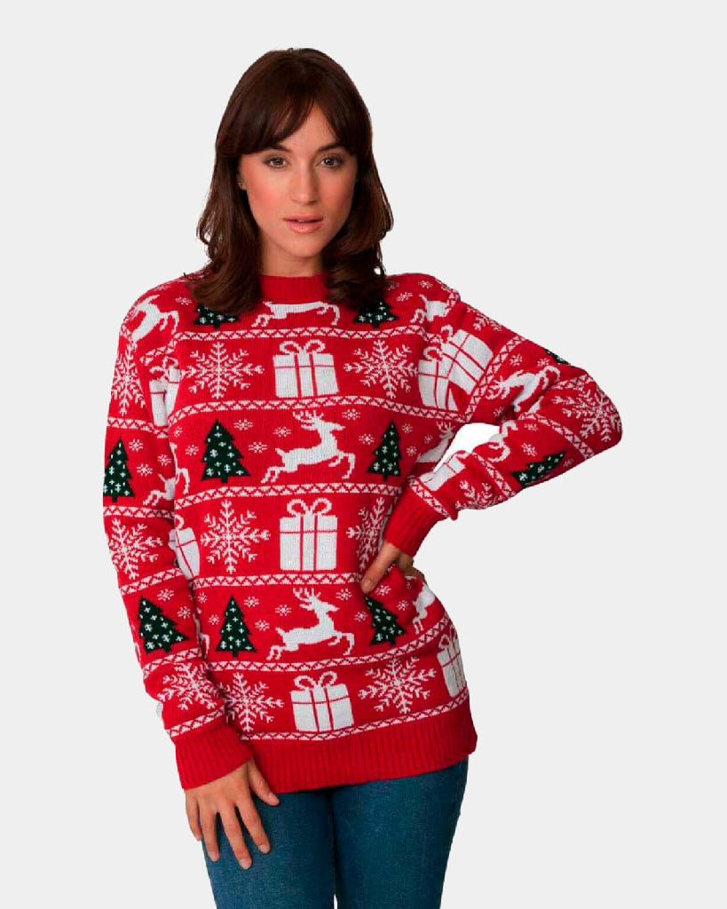 Womens Red Couple's Ugly Christmas Sweater with Reindeers, Trees and Gifts