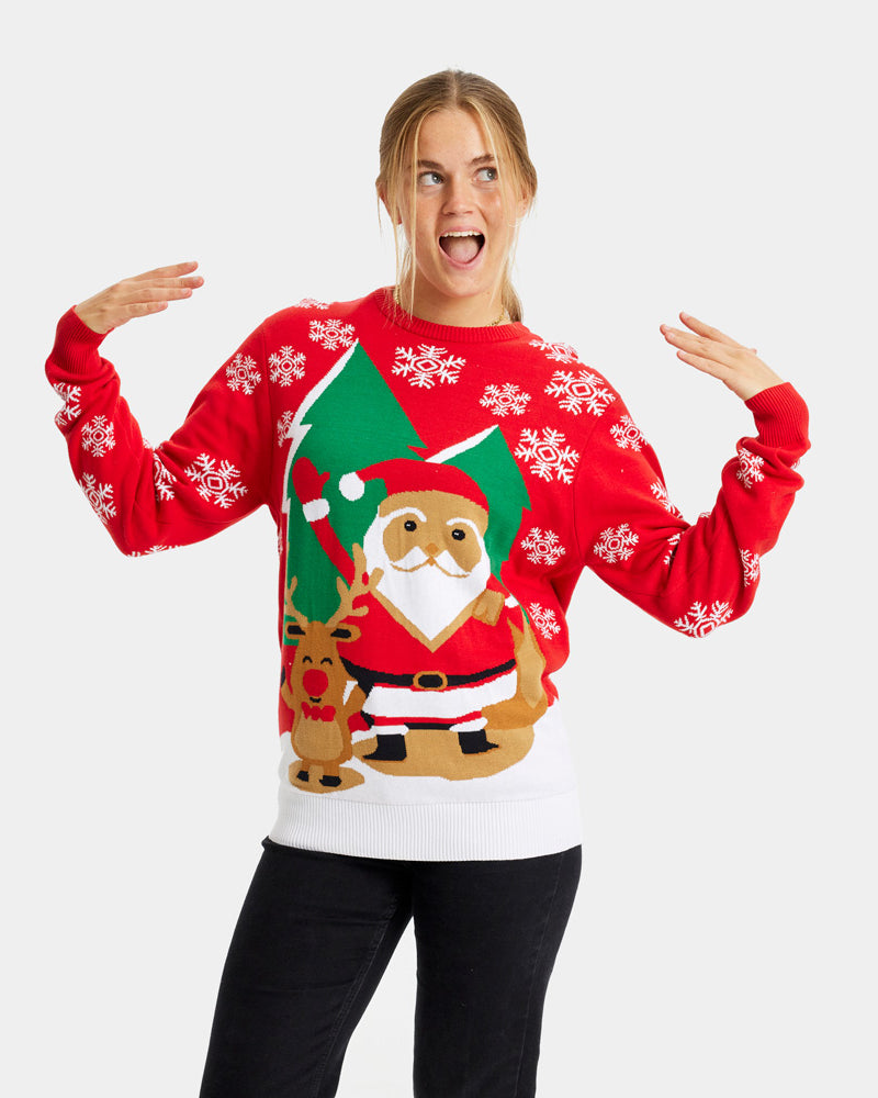 Red Couple's Ugly Christmas Sweater with Santa and Reindeer Greeting womens