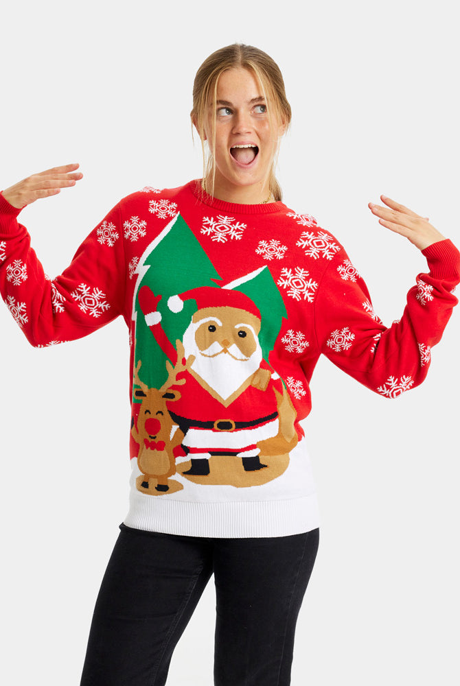 Red Couple's Ugly Christmas Sweater with Santa and Reindeer Greeting womens