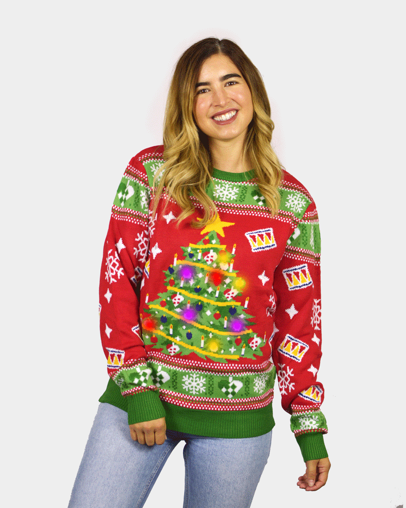 Red LED light-up Couple's Ugly Christmas Sweater with Christmas Tree womens