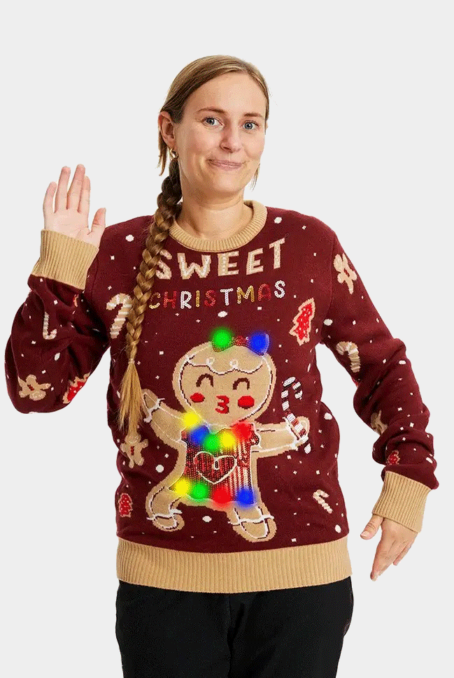 womens Red LED light-up Couple's Ugly Christmas Sweater with Ginger Cookie