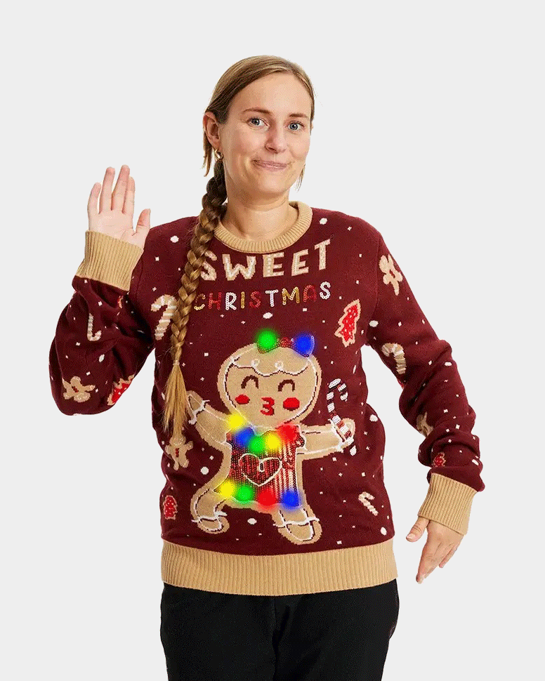 womens Red LED light-up Couple's Ugly Christmas Sweater with Ginger Cookie