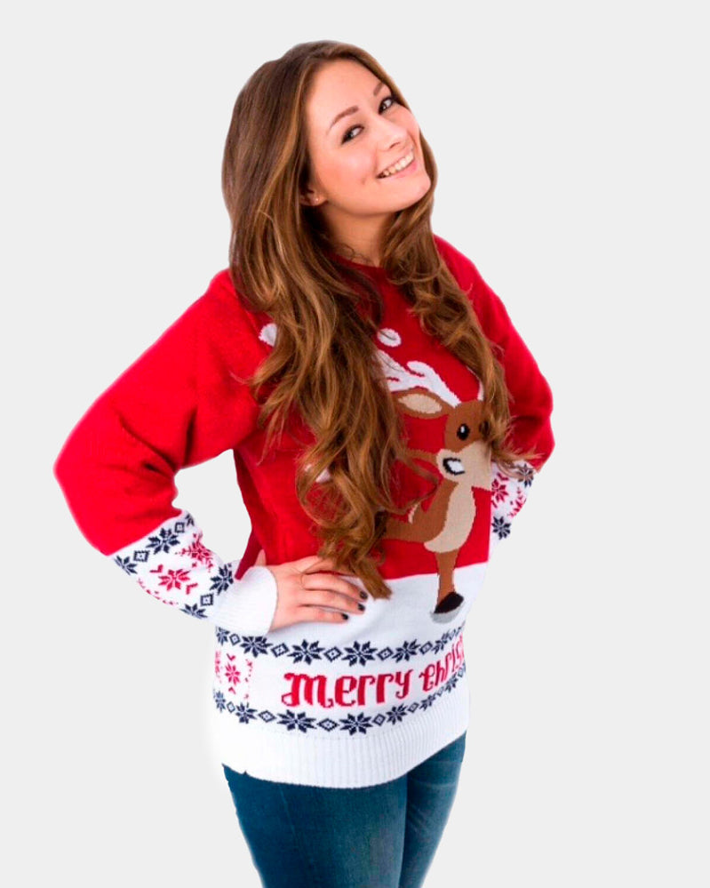 Red Ugly Christmas Sweater with Skating Reindeer Women's