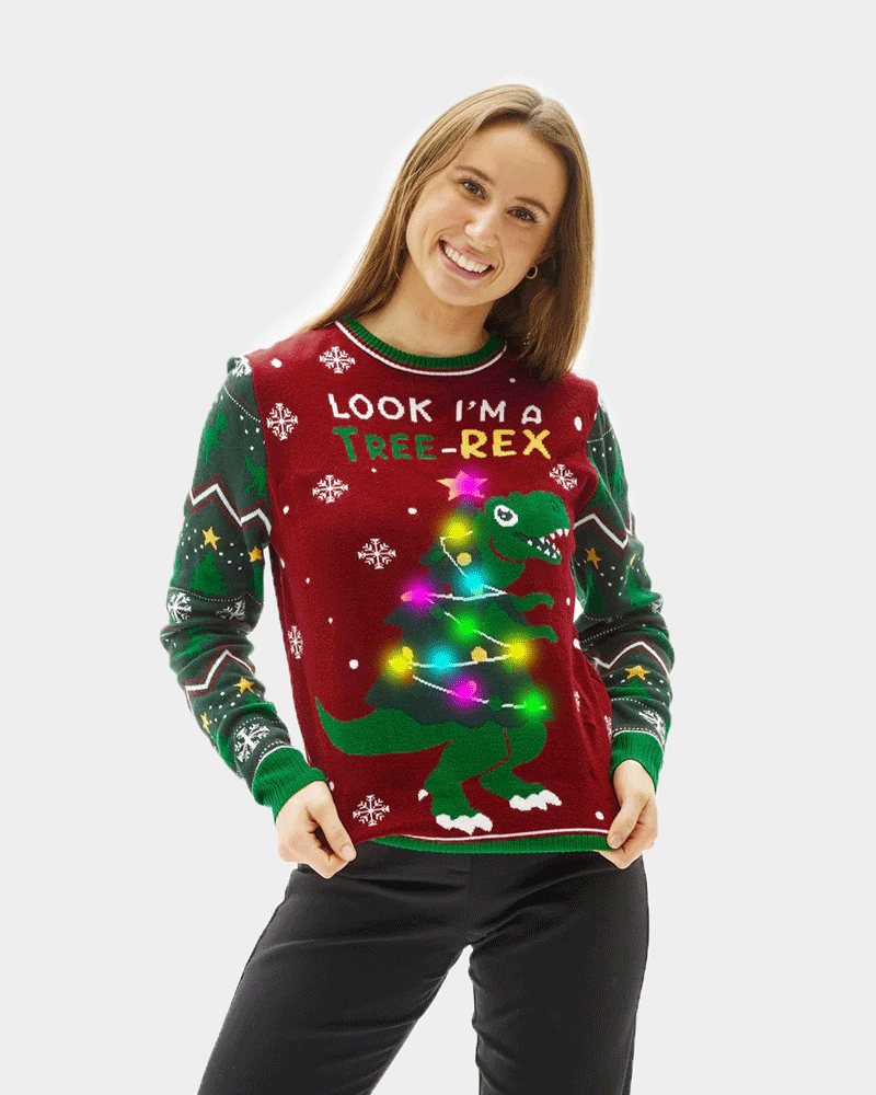Tree-Rex LED light-up Couple's Ugly Christmas Sweater womens