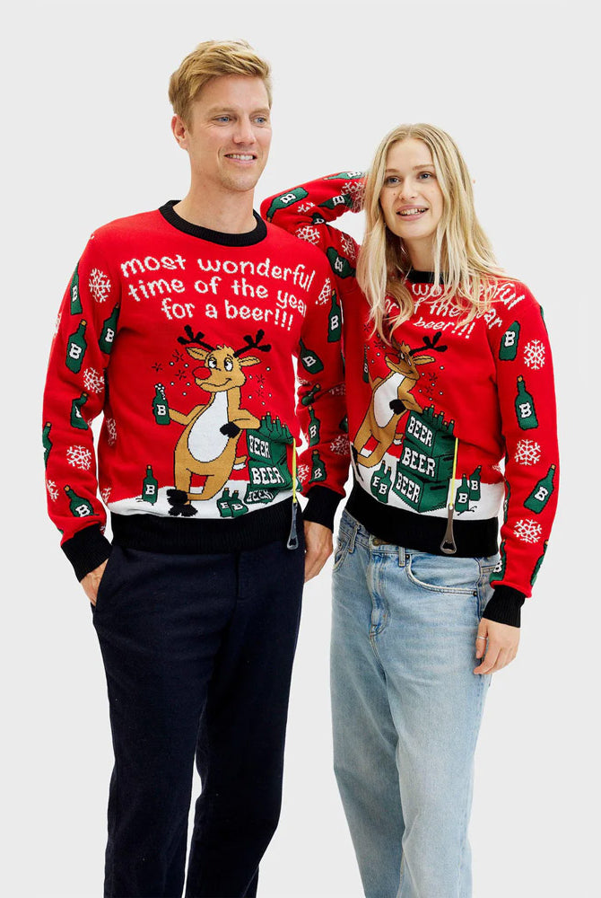 Womens Ugly Christmas Sweater with Reindeer Mens Beer Opener