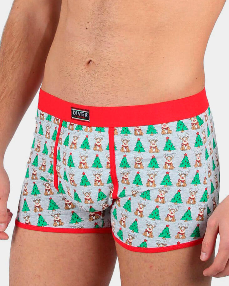 Mens Ugly Christmas Boxer with Reindeers and Christmas Trees